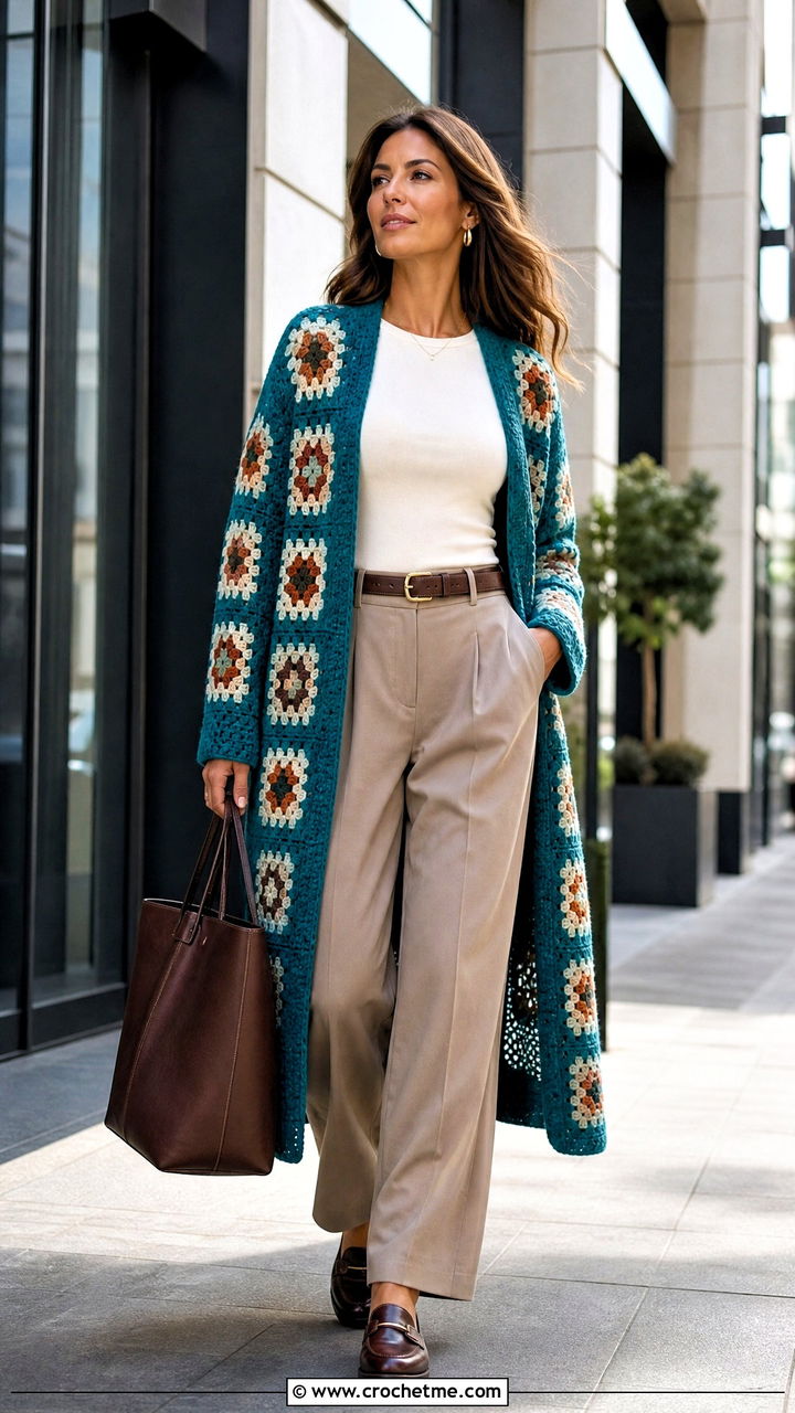 Long Granny Square Cardigan With Tailored Trousers - 35 granny square crochet clothes and outfit ideas