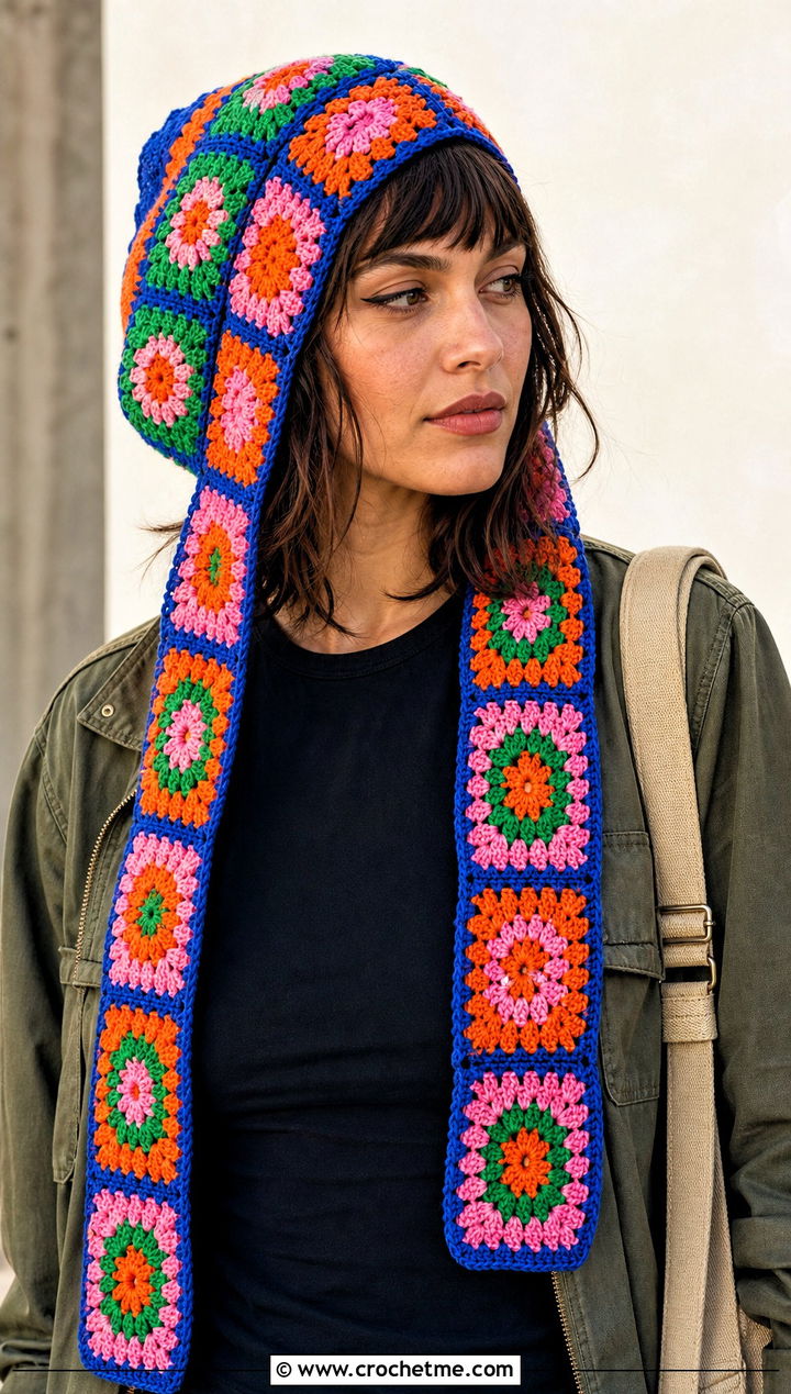 Long Granny Square Crochet Hat With Utility Jacket - 25 Long Crochet Hat outfit ideas