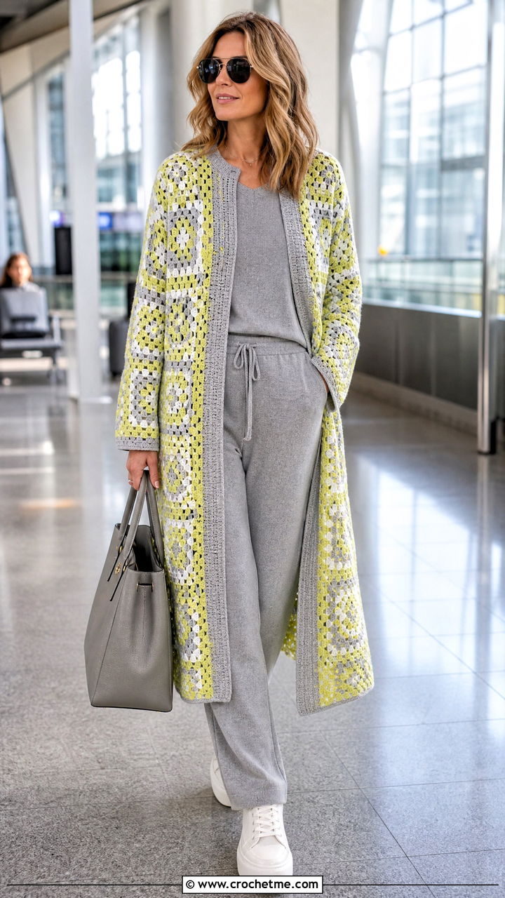 Long Granny Square Jacket With Matching Knit Set - 35 granny square jacket outfit ideas
