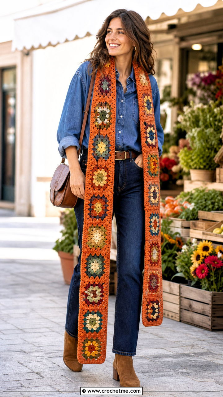 Long Granny Square Scarf With Denim Shirt And Jeans - 35 granny square scarf outfit ideas