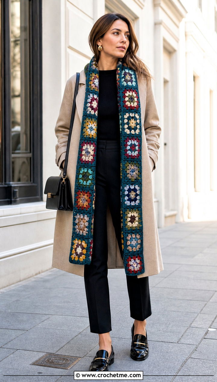 Long Granny Square Scarf With Trench Coat - 35 granny crochet scarf outfit ideas