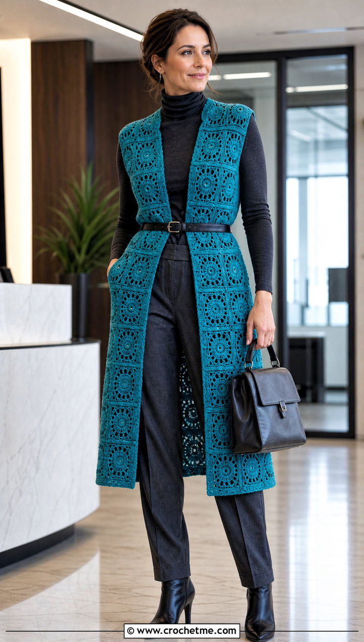 Long Granny Square Vest With Turtleneck And Trousers - 30 granny squares clothes and outfit ideas