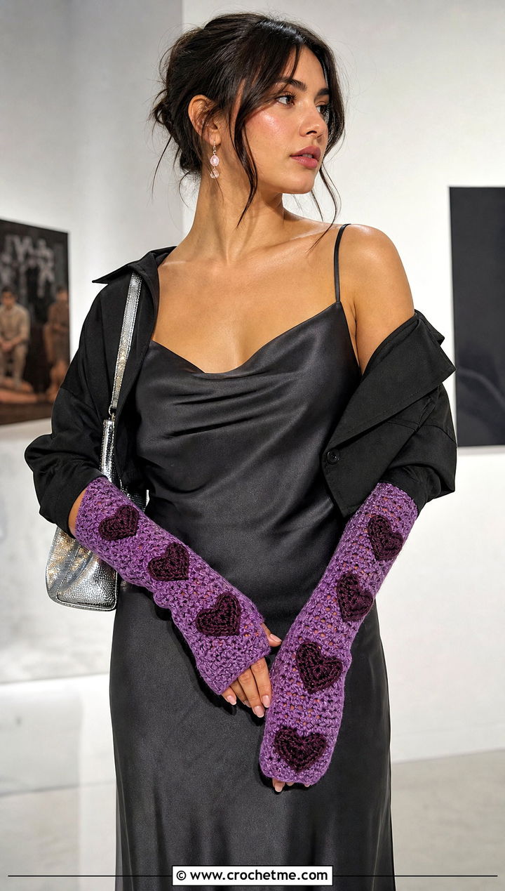 Long Heart Crochet Arm Warmers With Slip Dress - 15 Heart Crochet Gloves outfit ideas
