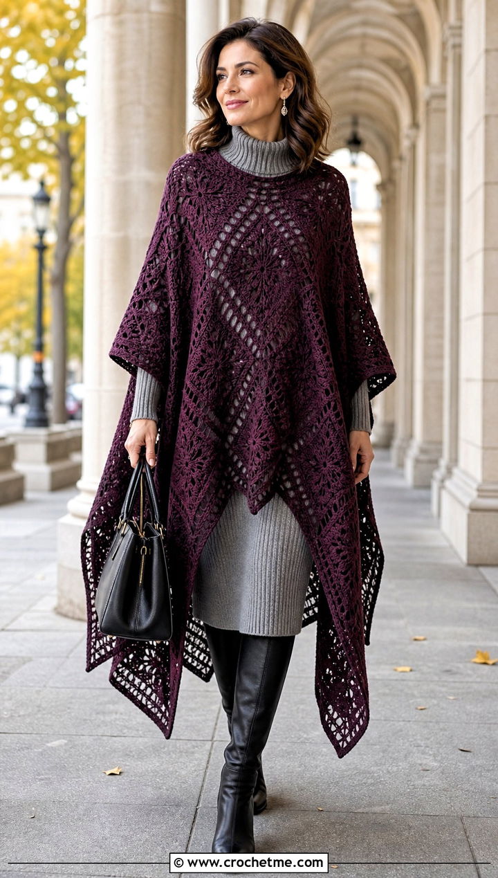 Long Hexagon Crochet Poncho With Sweater Dress - 20 Hexagon Crochet Poncho outfit ideas