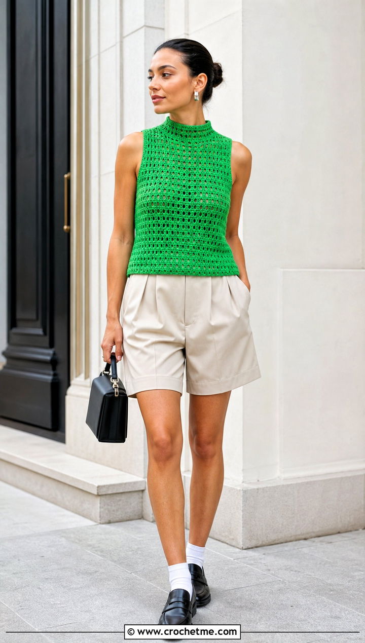 Long High Neck Crochet Tank Top With Pleated Shorts - 20 Crochet Long Tank Top outfit ideas