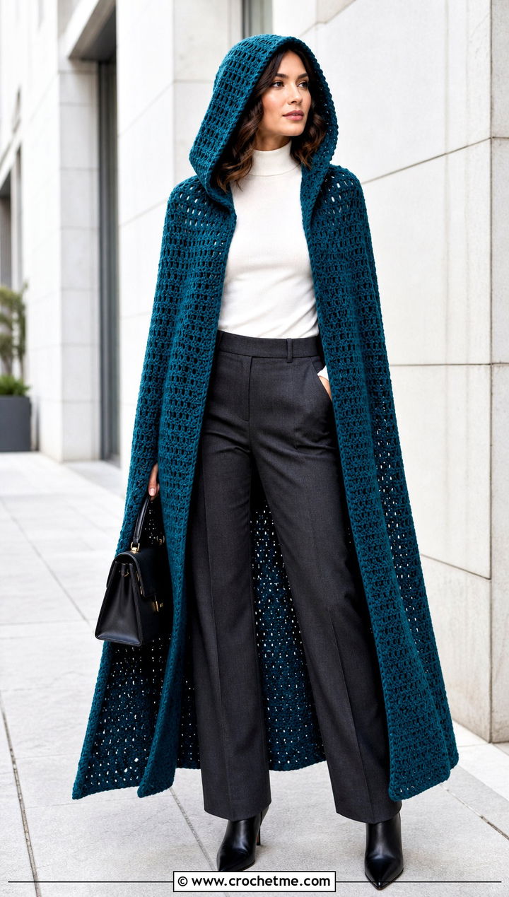 Long Hooded Crochet Cape With Tailored Trousers - 25 Hooded Crochet Cape outfit ideas