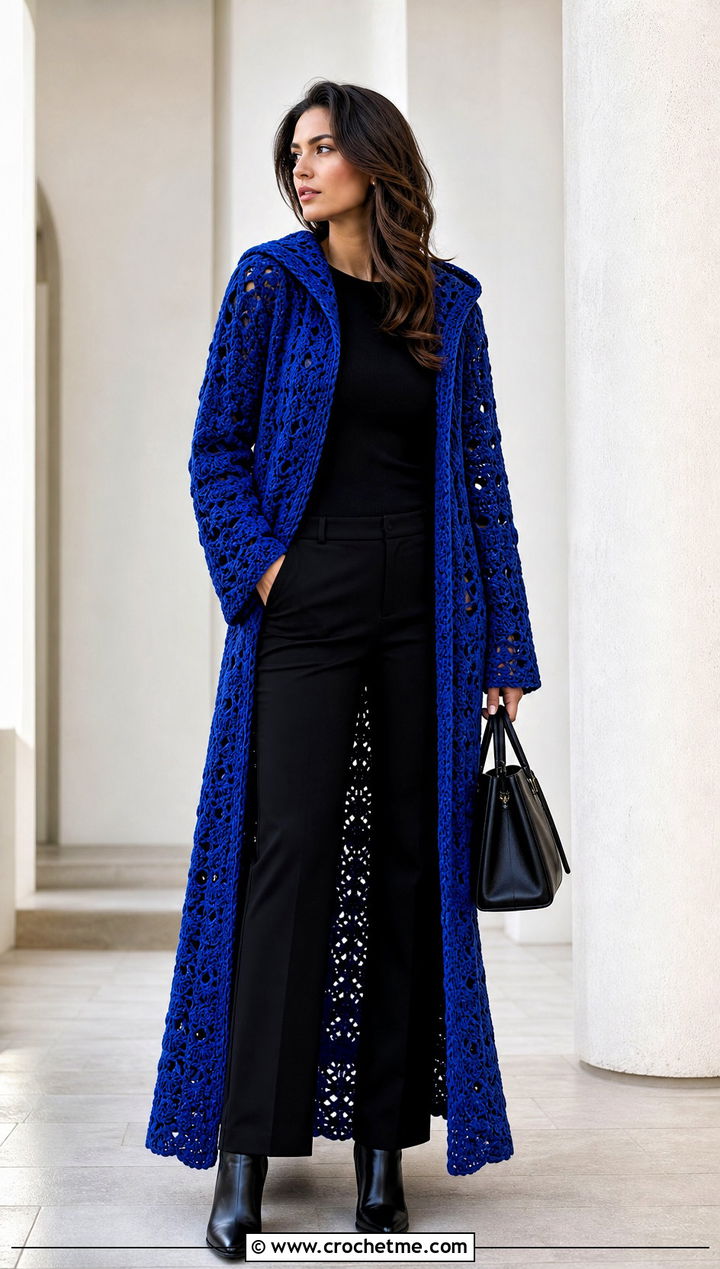 Long Hooded Crochet Coat Cardigan With Monochrome Layers - 35 hooded crochet cardigan outfit ideas