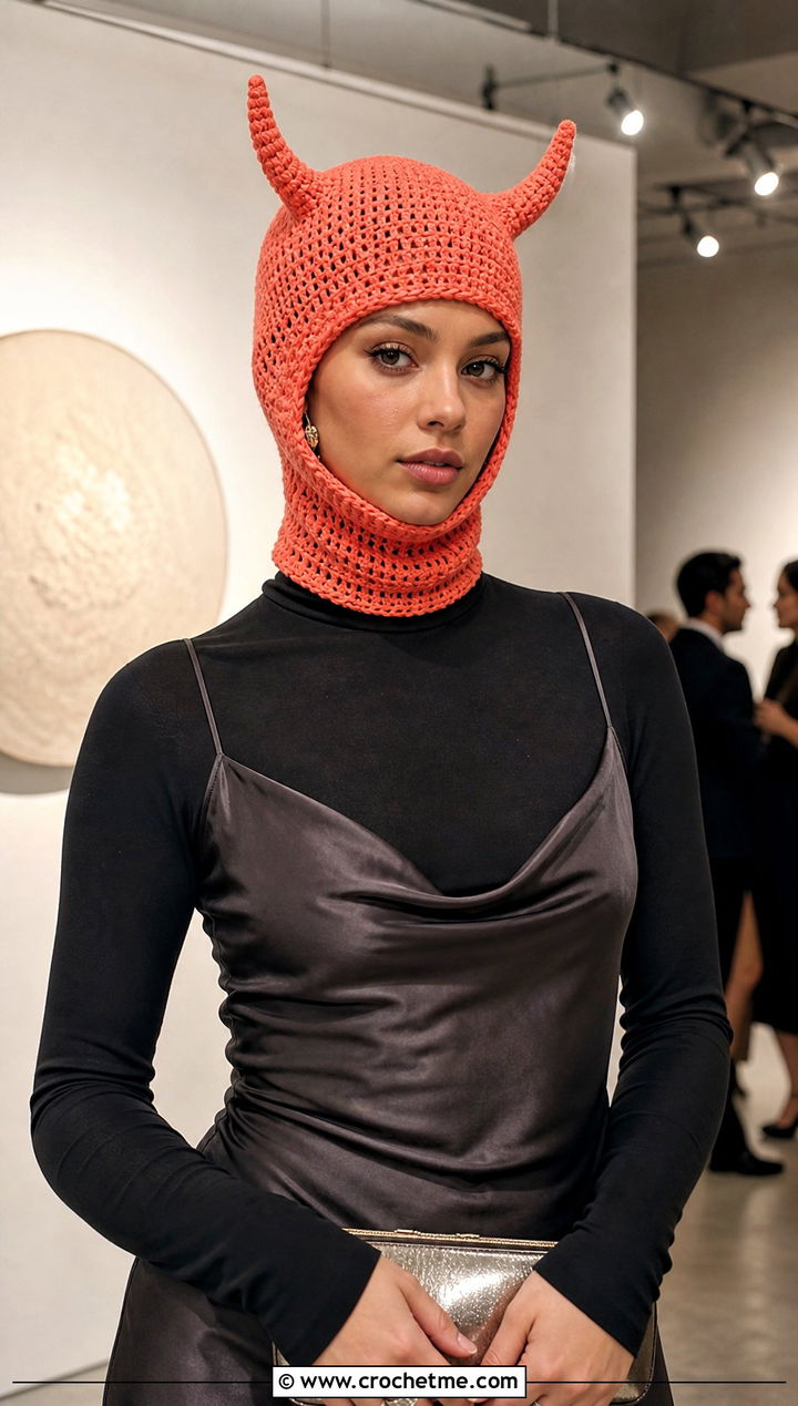 Long Horn Crochet Devil Horn Balaclava With Satin Slip Dress - 20 crochet devil horn balaclava outfit ideas