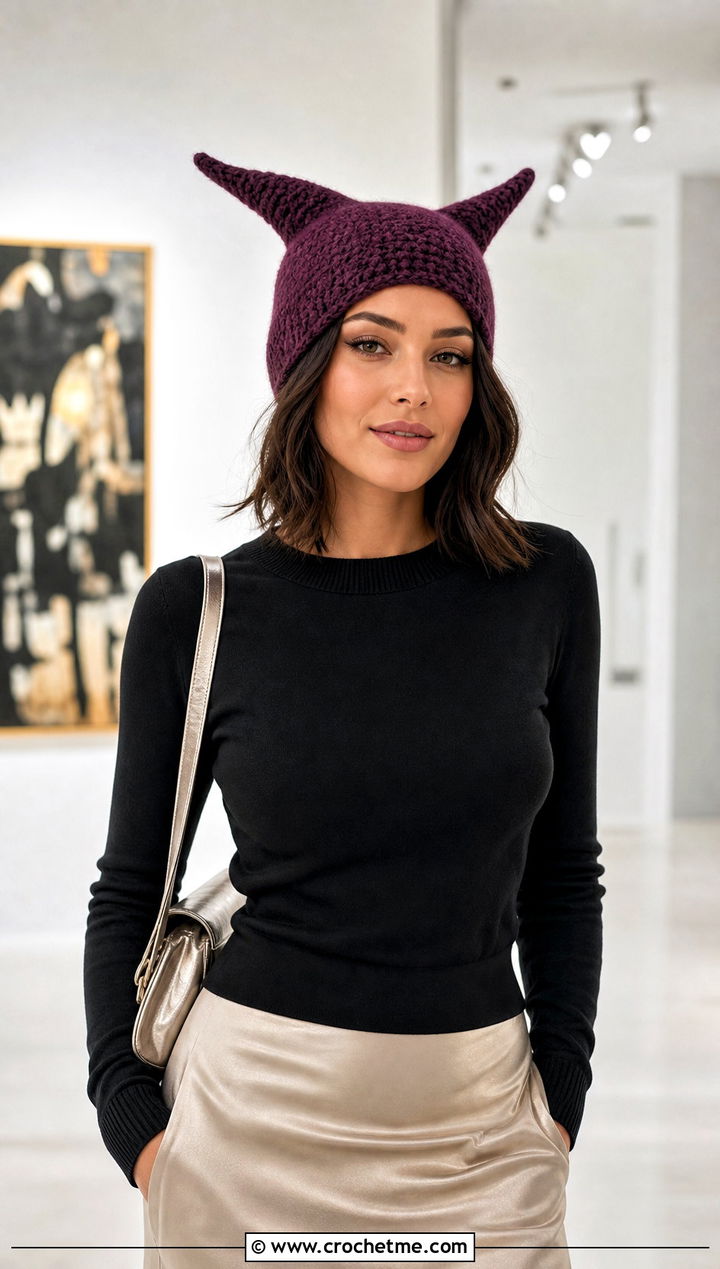 Long Horned Beanie With Satin Midi Skirt - 20 Crochet Horned Beanie outfit ideas