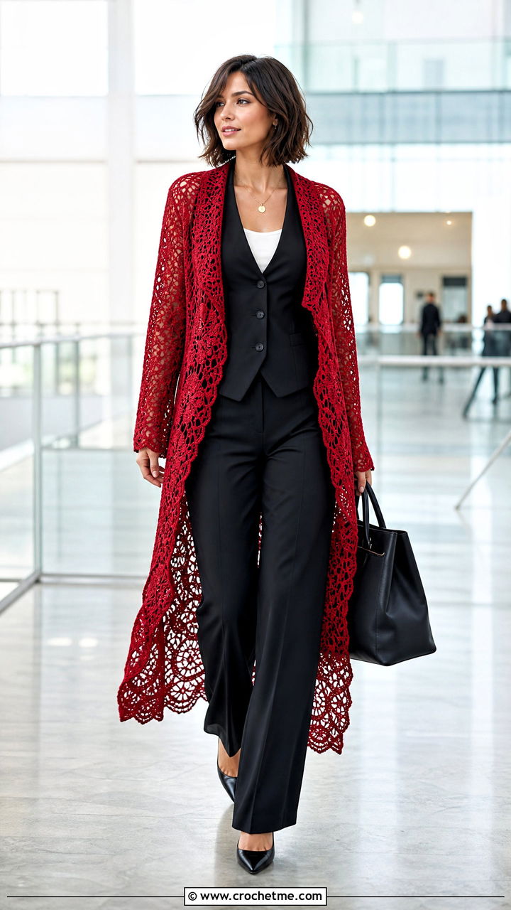 Long Lace Crochet Cardigan With Tailored Suit - 35 crochet cardigan women outfit ideas