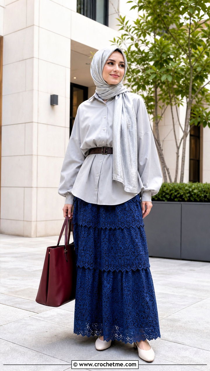 Long Lace Crochet Tiered Maxi Skirt With Oversized Shirt - 35 crochet tiered skirt outfit ideas
