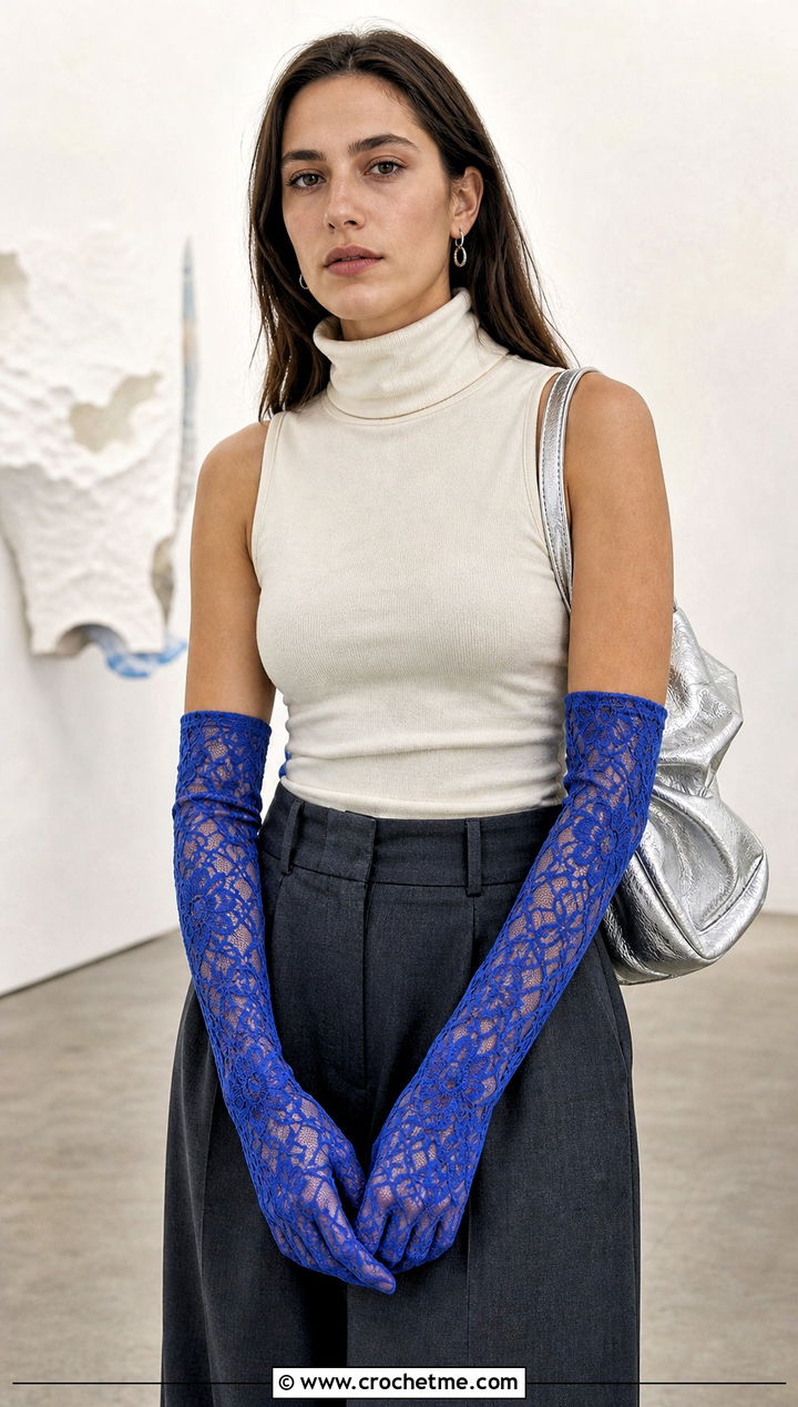 Long Lace Gauntlets With Sleeveless Turtleneck - 20 Crochet Lace Hand Warmers outfit ideas