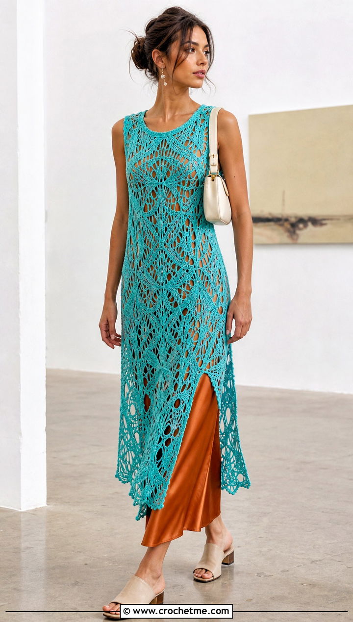 Long Lace Stitch Crochet Tank Top With Slip Dress - 20 Crochet Long Tank Top outfit ideas