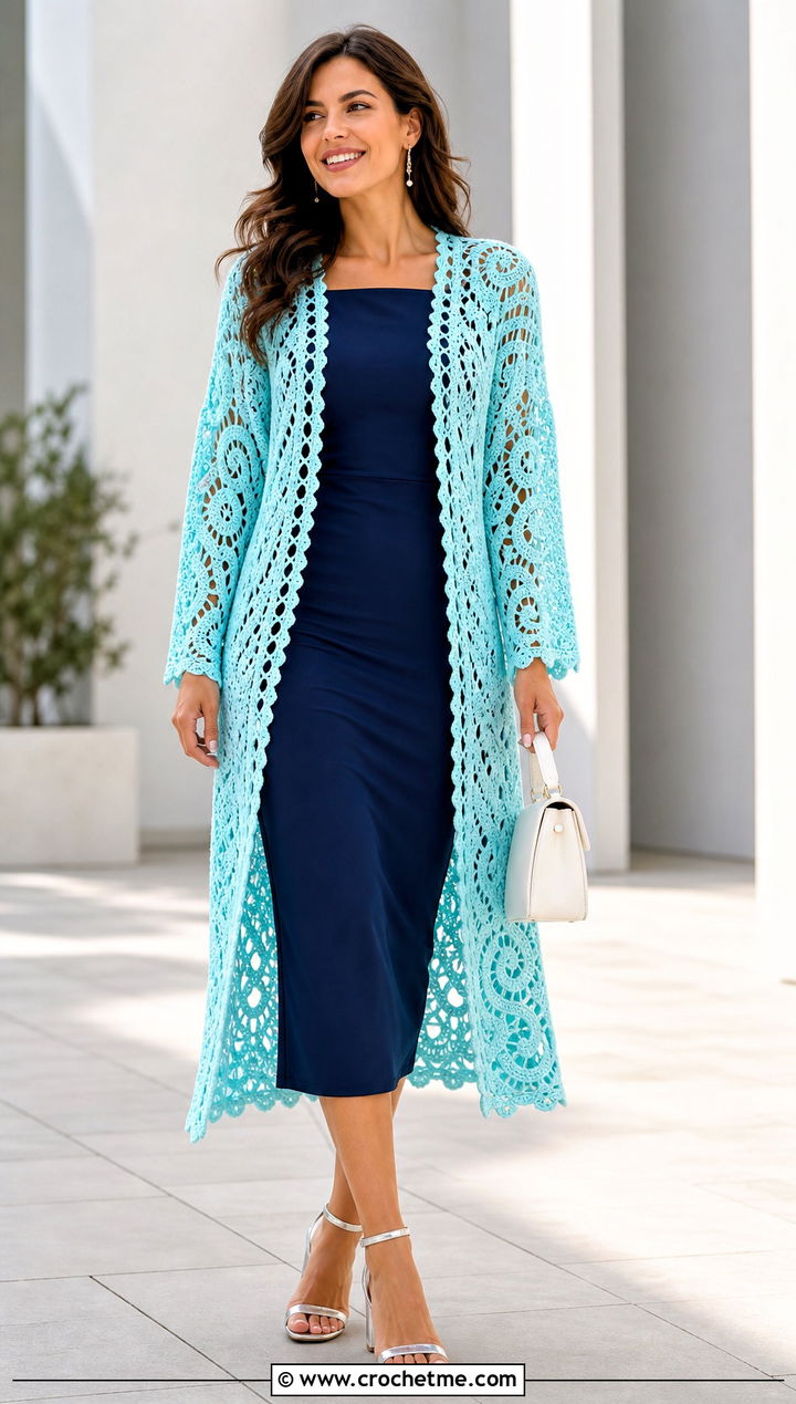 Long Lightly Toasted Crochet Cardigan With Column Dress - 30 lightly toasted crochet cardigan outfit ideas
