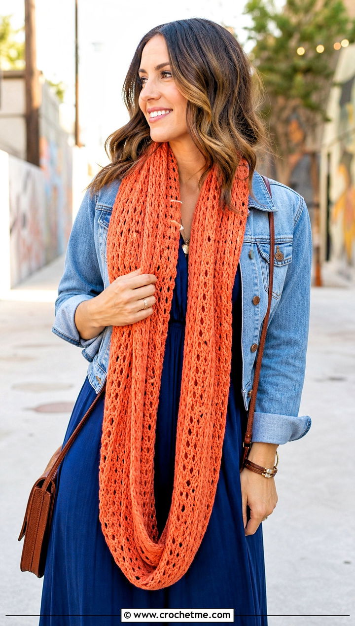 Long Loop Crochet Snood Scarf With a Maxi Dress - 25 crochet snood scarf outfit ideas