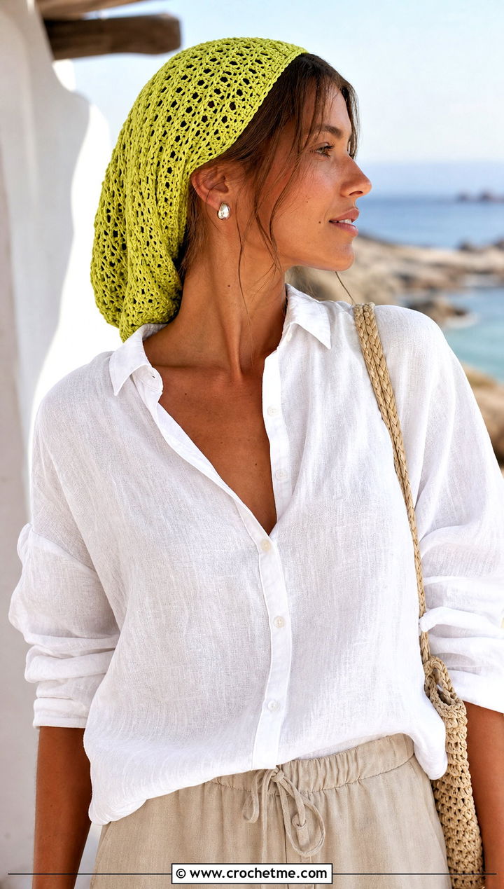 Long Mesh Crochet Slouch Hat With Linen Outfit - 25 Long Crochet Hat outfit ideas