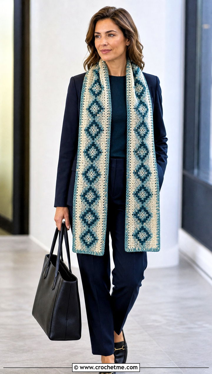 Long Mosaic Crochet Scarf With Tailored Blazer - 25 Mosaic Crochet Scarf outfit ideas