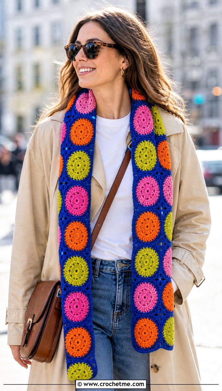 Long Multicolored Circle Crochet Scarf With Trench Coat And Jeans - 15 crochet scarf with colorful circles outfit ideas