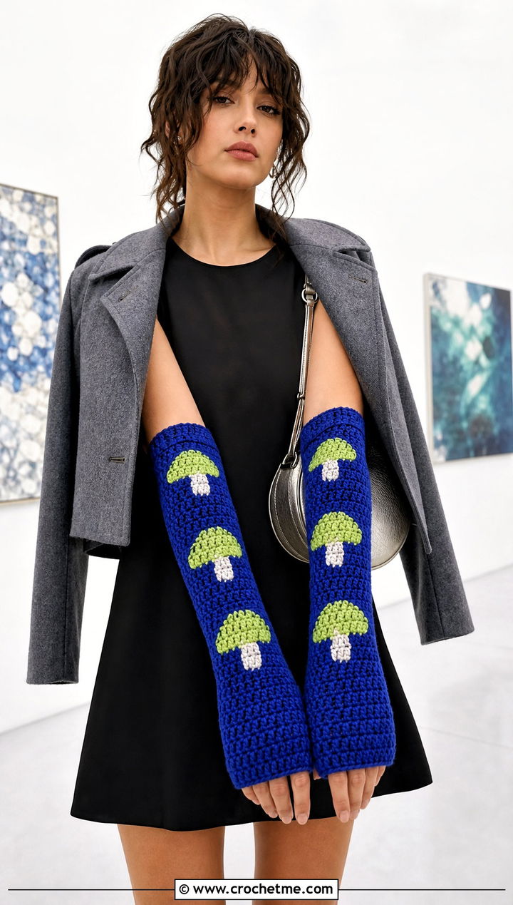 Long Mushroom Arm Warmers With Mini Dress - 20 Crochet Mushroom Gloves outfit ideas