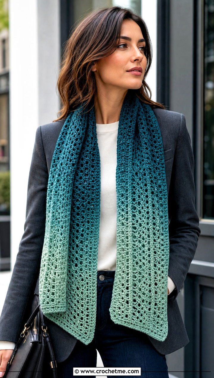 Long Ombre Crochet Scarf With Blazer And Jeans - 25 Ombre Crochet Scarf outfit ideas