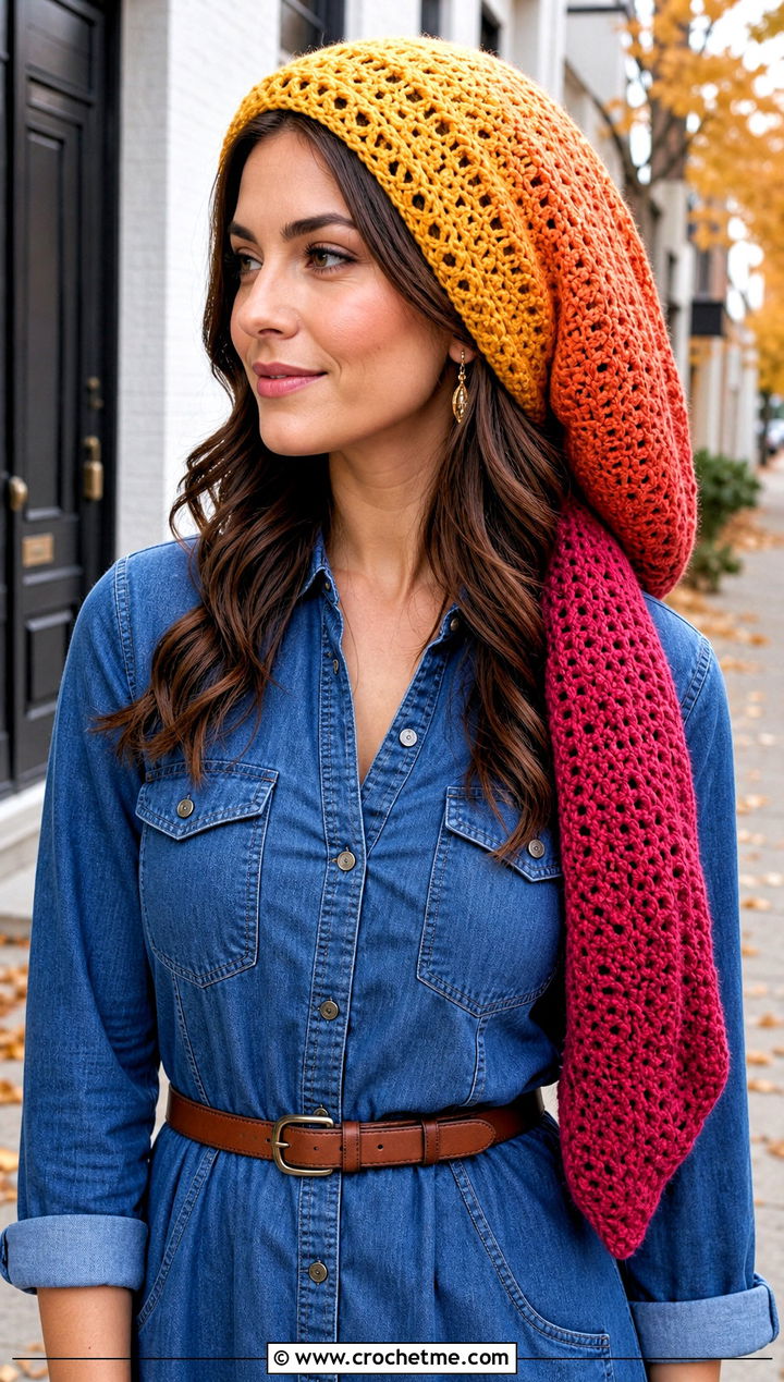 Long Ombre Crochet Slouch Hat With Denim Dress - 25 Long Crochet Hat outfit ideas