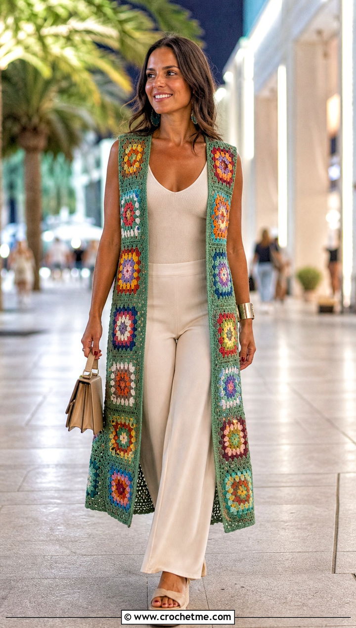 Long Open Granny Square Sleeveless Vest With Monochrome Separates - 20 Granny Square Sleeveless Vest outfit ideas