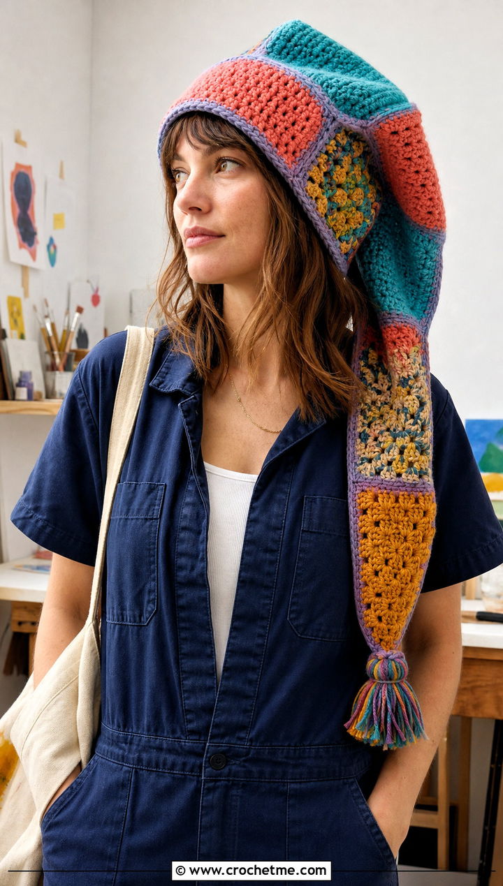 Long Patchwork Crochet Hat With Workwear Jumpsuit - 25 Long Crochet Hat outfit ideas