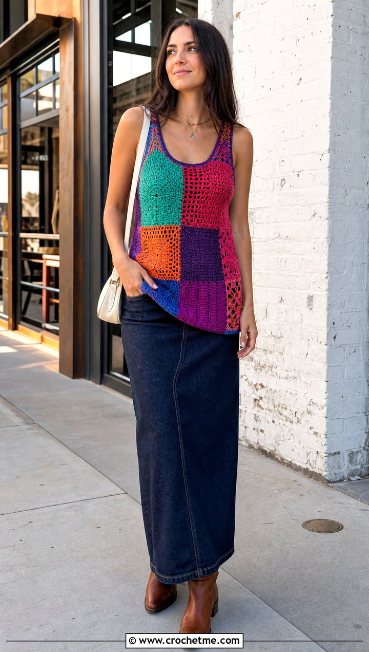 Long Patchwork Crochet Tank Top With Denim Maxi Skirt - 20 Crochet Long Tank Top outfit ideas
