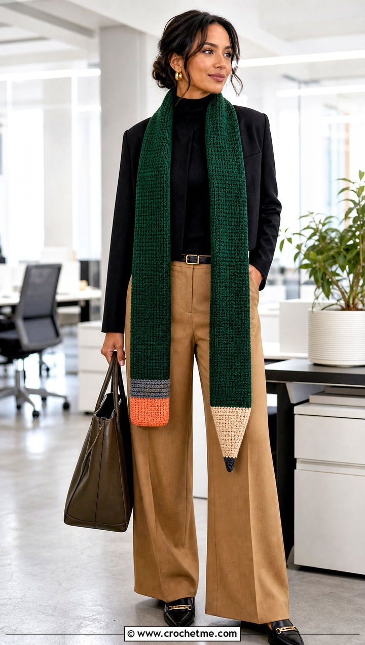 Long Pencil Crochet Scarf With Wide Leg Trousers - 30 Pencil Crochet Scarf outfit ideas
