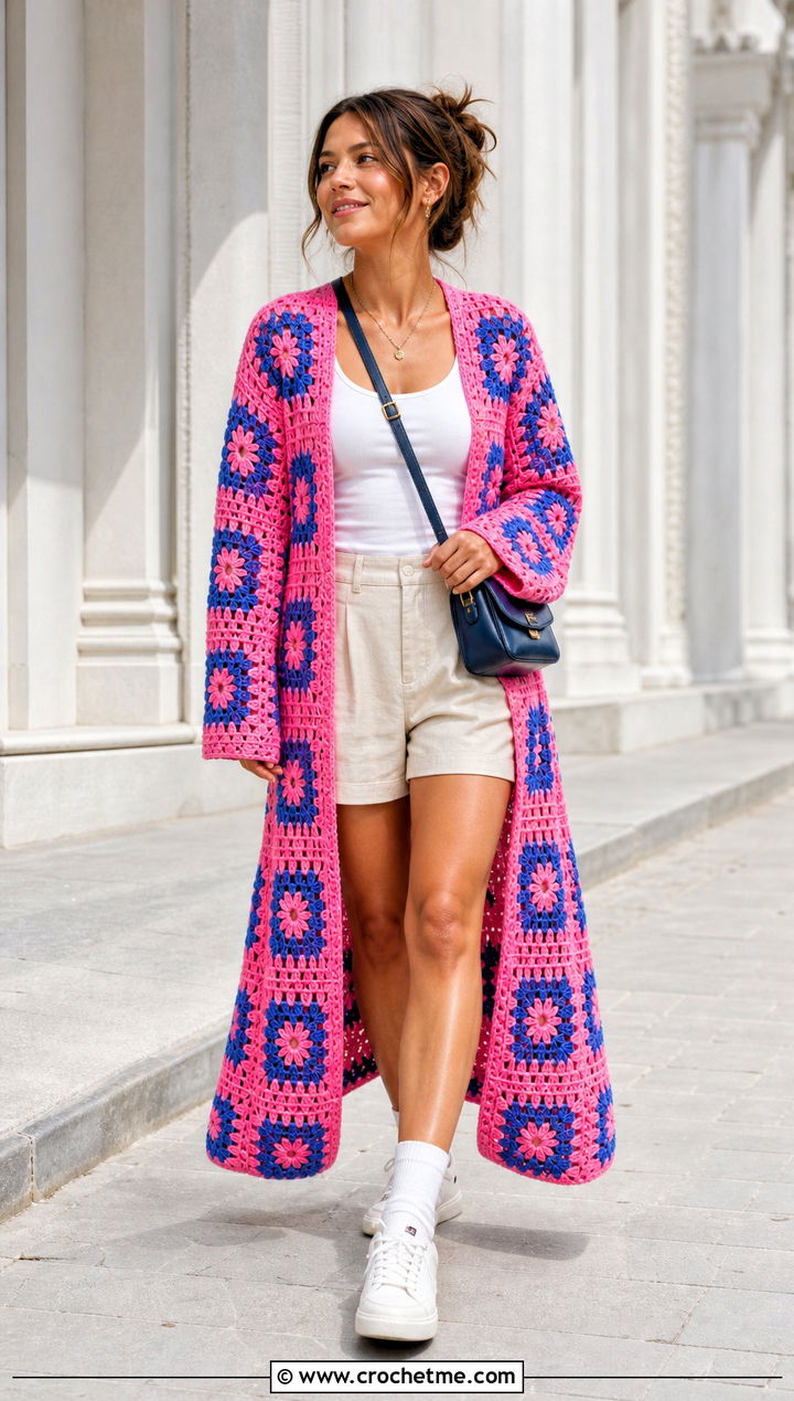 Long Pink Granny Square Cardigan With Shorts - 35 pink granny square cardigan outfit ideas