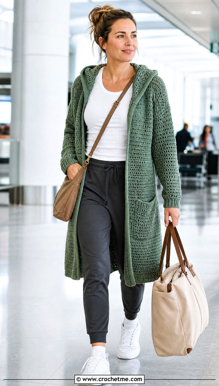 Long Pocketed Hooded Crochet Cardigan With Joggers - 35 hooded crochet cardigan outfit ideas