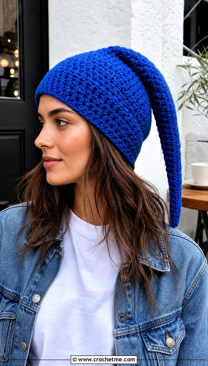 Long Pointed Crochet Gnome Hat With Denim Jacket - 15 Adult Crochet Gnome Hat outfit ideas