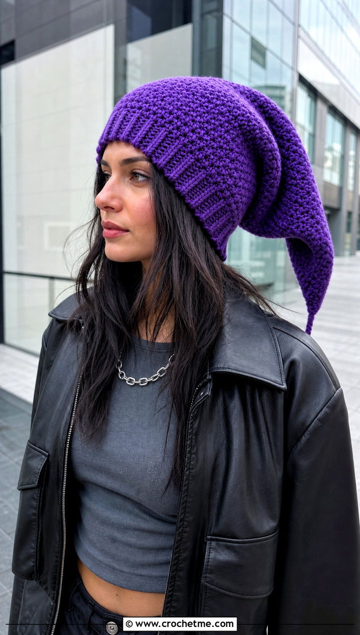 Long Pointed Crochet Hat With Leather Jacket - 25 Long Crochet Hat outfit ideas