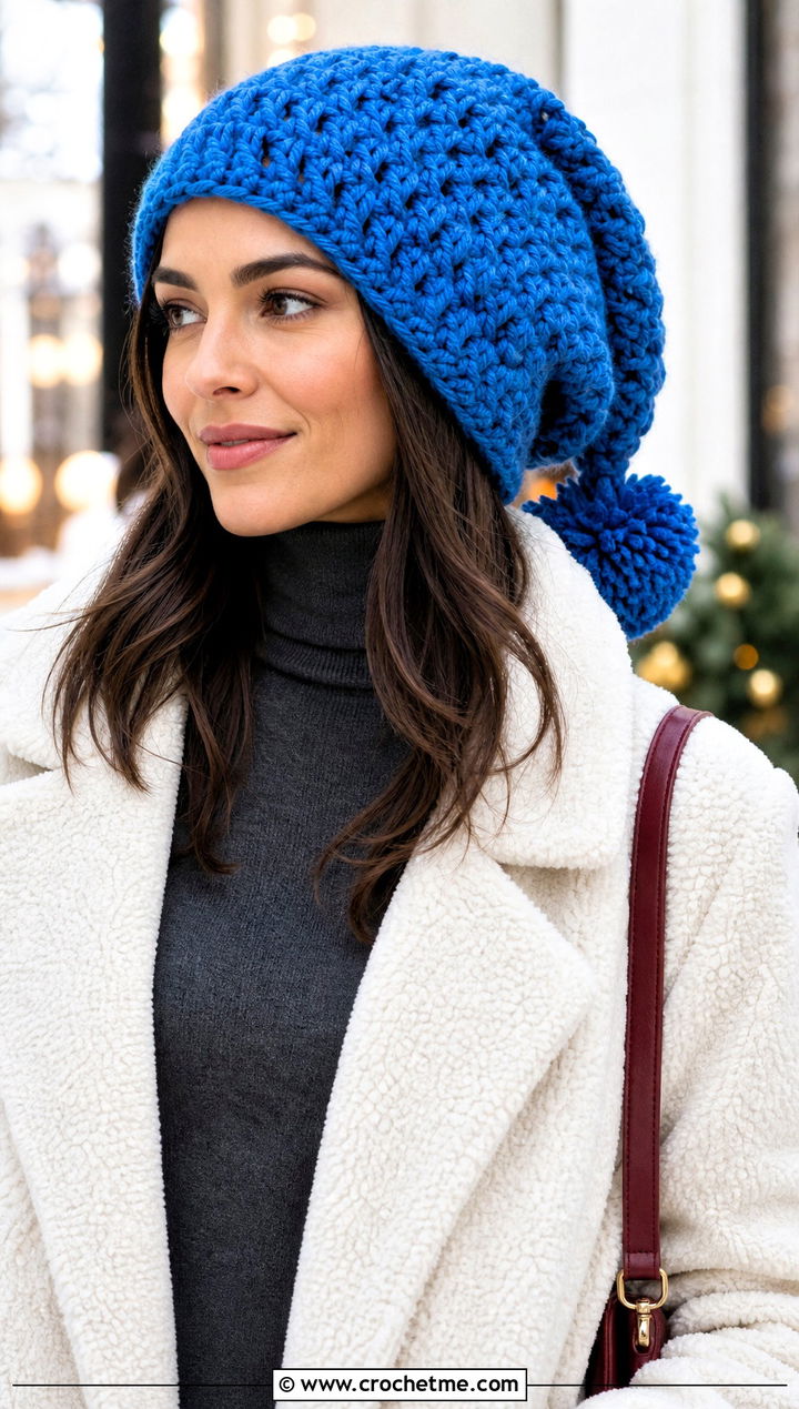 Long Pom Pom Crochet Slouchy Hat With Teddy Coat - 25 Long Crochet Hat outfit ideas