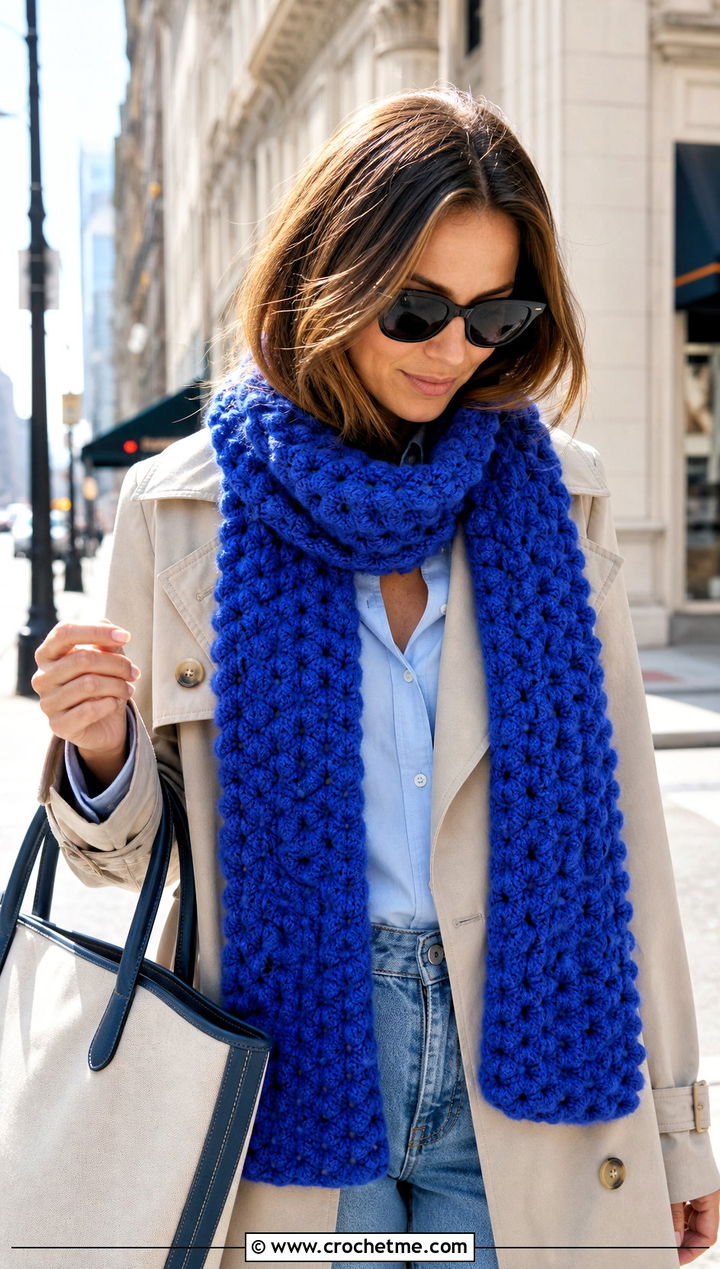 Long Popcorn Crochet Scarf With Trench Coat - 25 Popcorn Crochet Scarf outfit ideas