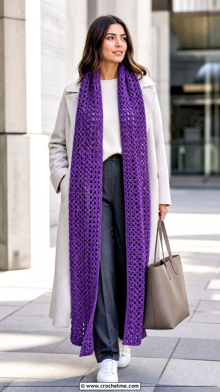 Long Rectangle Crochet Scarf With Maxi Coat And Sneakers - 35 quick crochet scarf outfit ideas