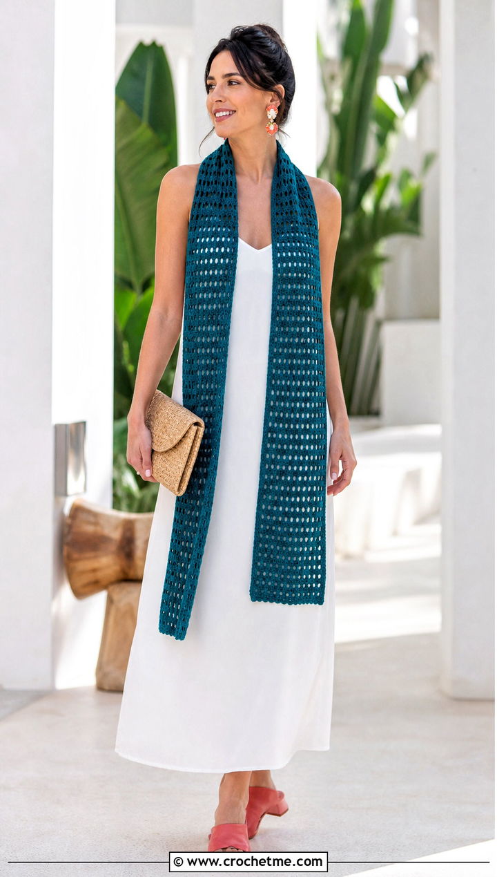 Long Rectangular Crochet Scarf With Column Dress And Slides - 35 summer crochet scarf outfit ideas