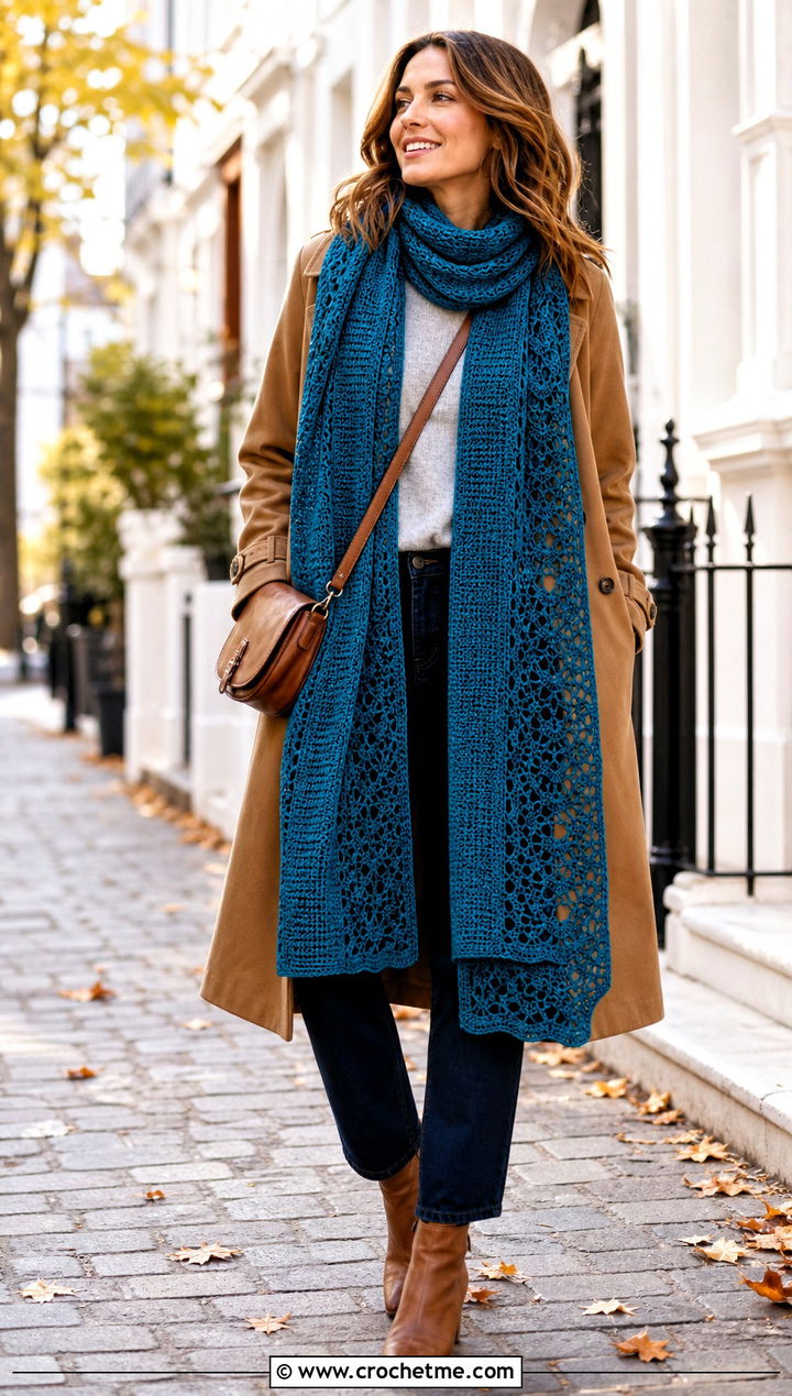 Long Rectangular Crochet Wrap With Trench Coat And Ankle Boots - 25 Victorian Crochet Shawl outfit ideas