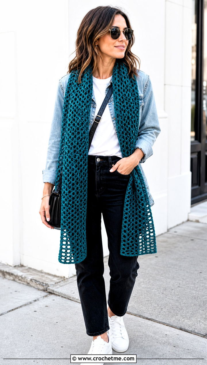 Long Rectangular Mesh Crochet Scarf With Denim Jacket - 25 Mesh Crochet Scarf outfit ideas