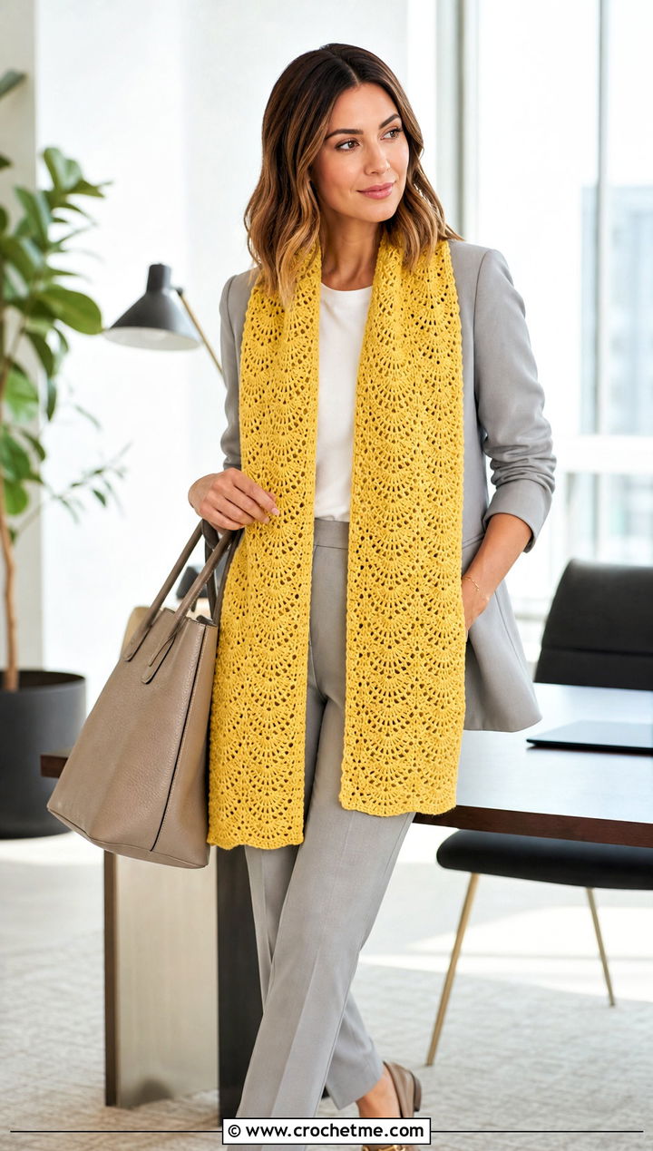 Long Rectangular Shell Scarf With Blazer And Trousers - 25 crochet shell scarf outfit ideas