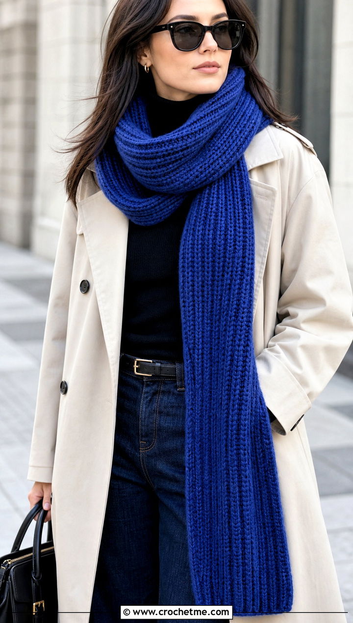 Long Ribbed Crochet Cashmere Scarf With Trench Coat - 25 crochet cashmere scarf outfit ideas