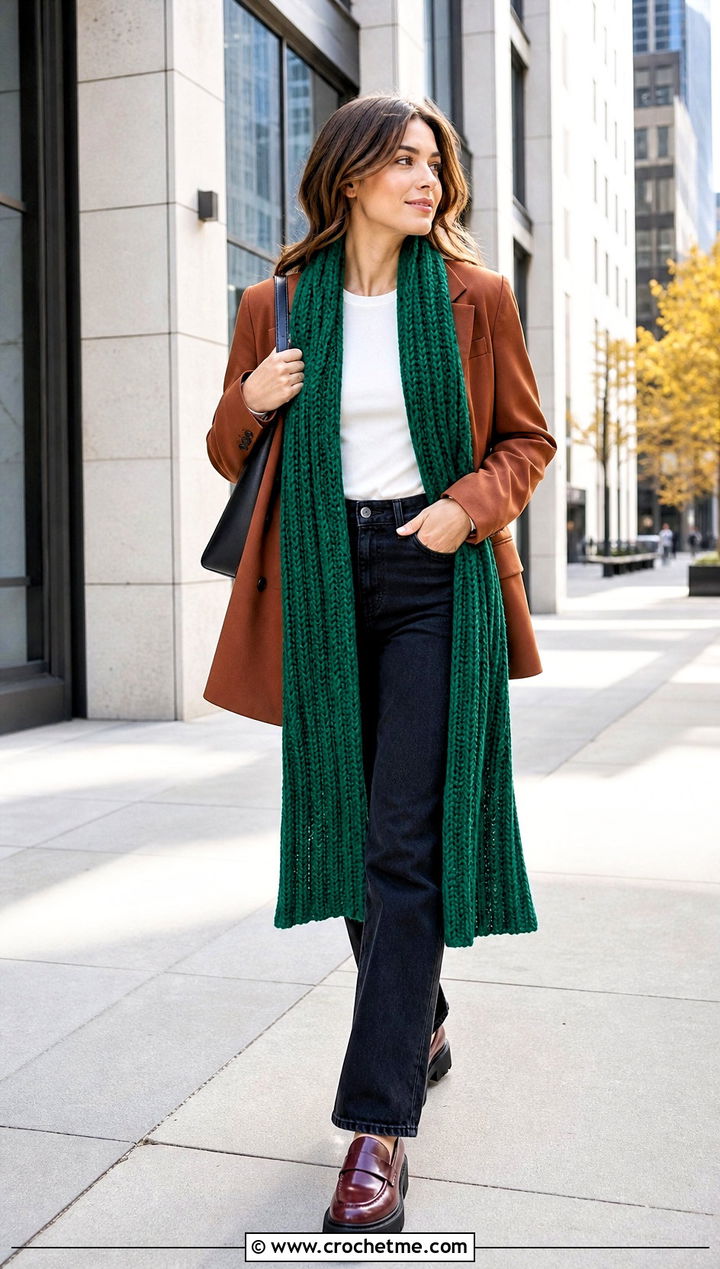 Long Ribbed Crochet Scarf With Oversized Blazer - 35 fall crochet scarf outfit ideas