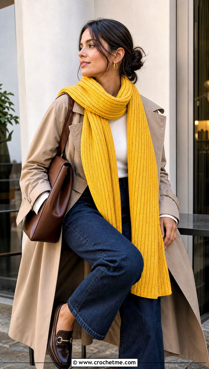 Long Ribbed Crochet Scarf With Trench Coat - 20 Ribbed Crochet Scarf outfit ideas