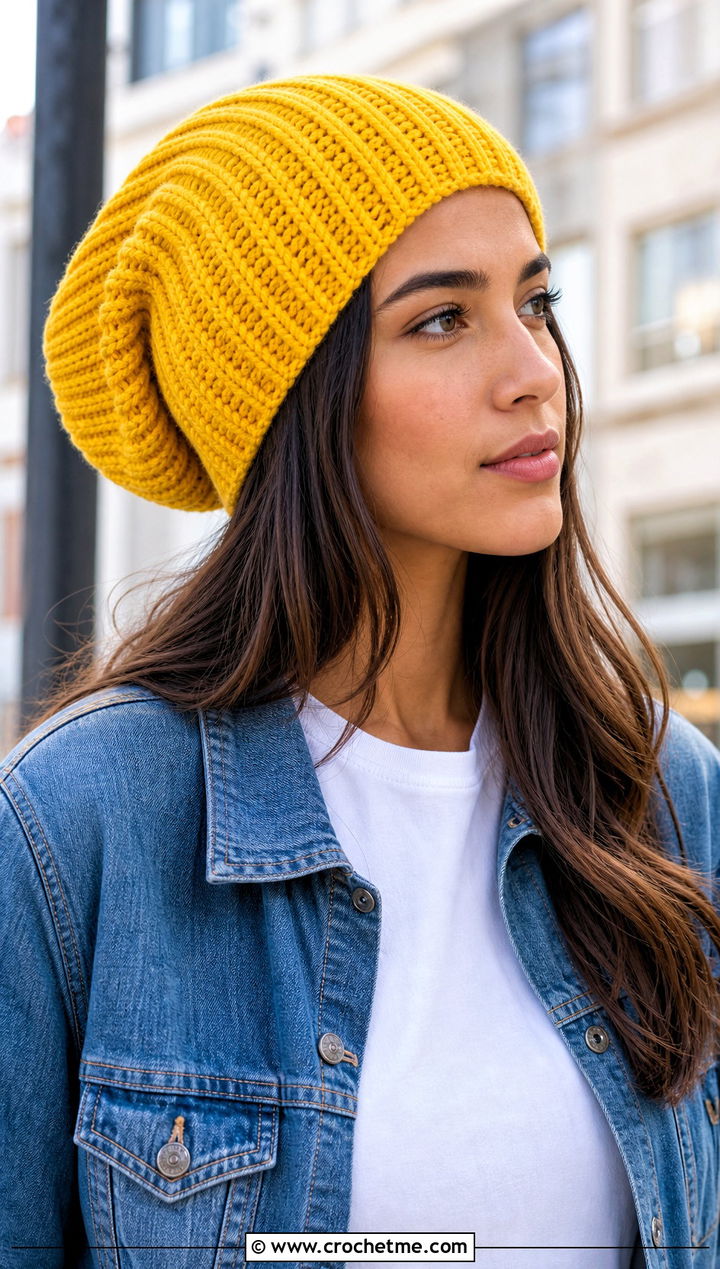 Long Ribbed Crochet Slouchy Hat With Denim Jacket - 25 Long Crochet Hat outfit ideas