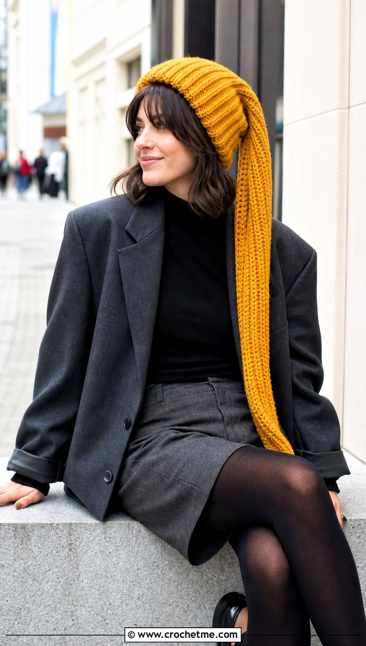 Long Ribbed Nightcap Crochet Hat With Blazer And Tailored Shorts - 25 pointy crochet hat outfit ideas