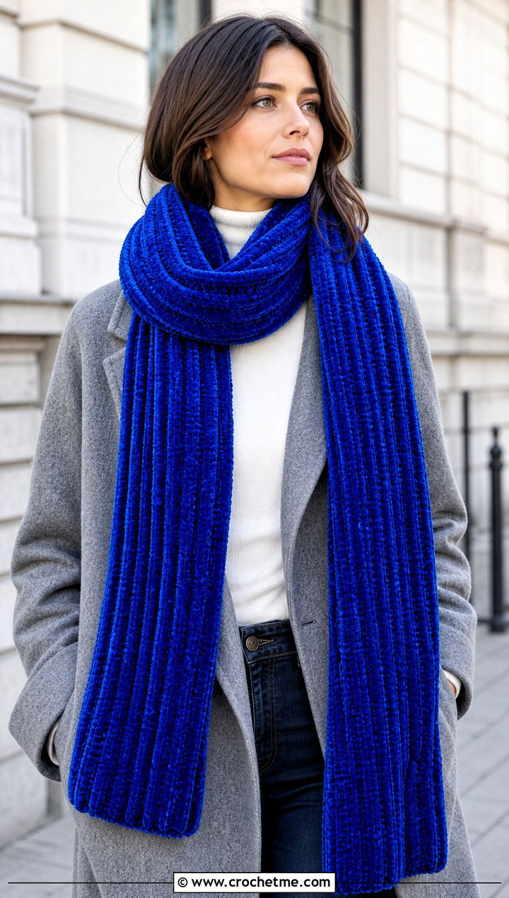 Long Ribbed Velvet Crochet Scarf With Wool Coat - 25 Velvet Crochet Scarf outfit ideas