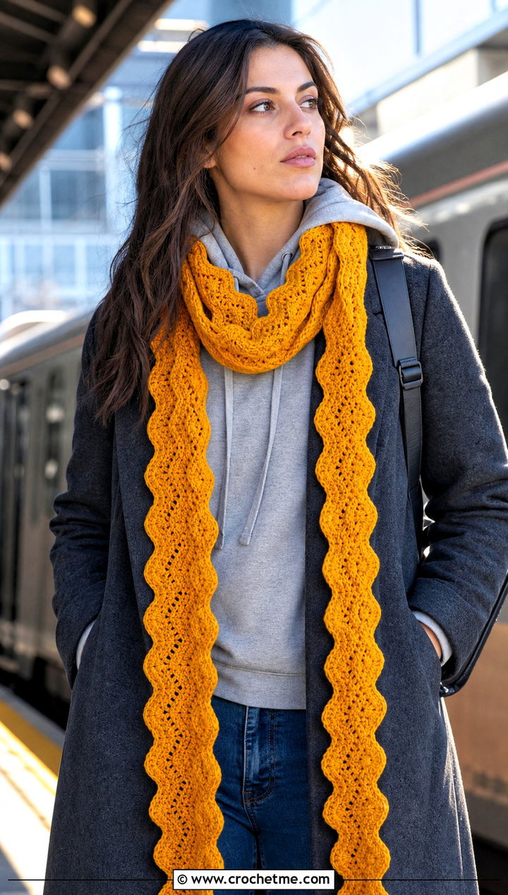 Long Ripple Crochet Scarf With Hoodie and Wool Coat - 25 wavy crochet scarf outfit ideas