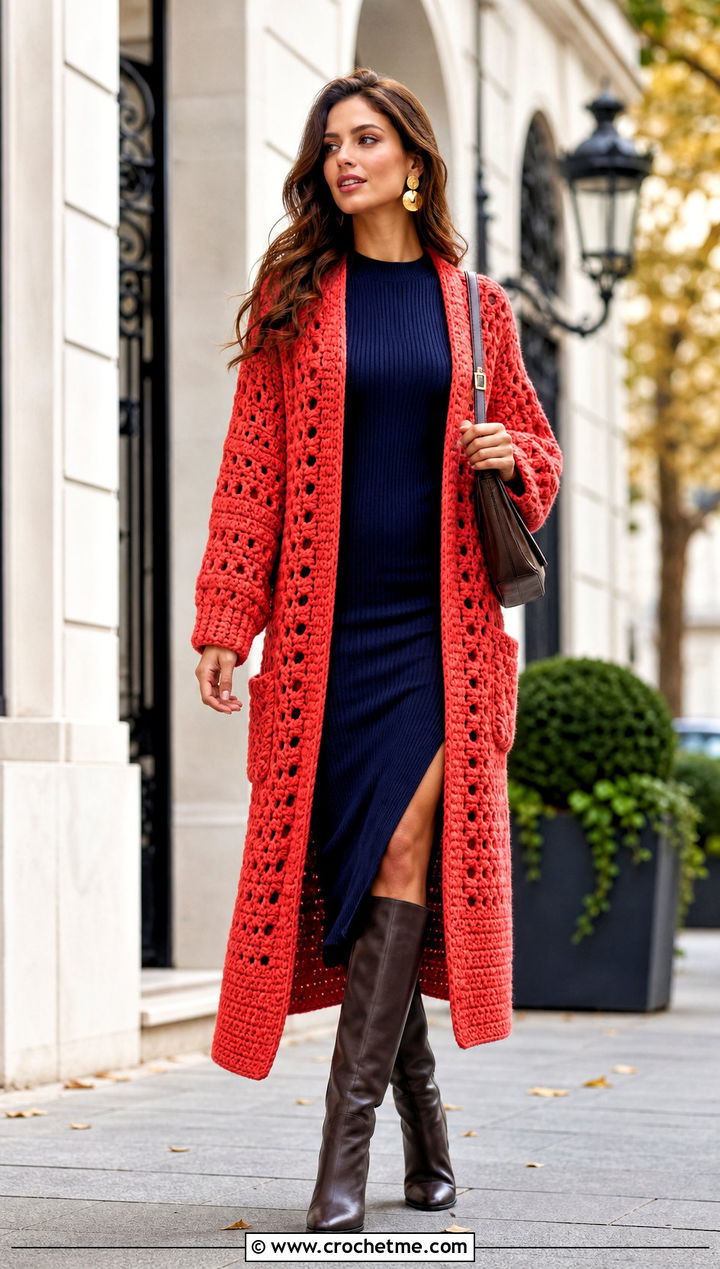 Long Riverbed Crochet Cardigan With Knit Midi Dress - 25 riverbed crochet cardigan outfit ideas