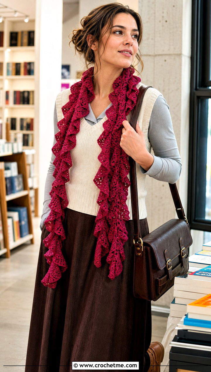 Long Ruffle Scarf With Sweater Vest And Maxi Skirt - 30 crochet ruffle scarf outfit ideas