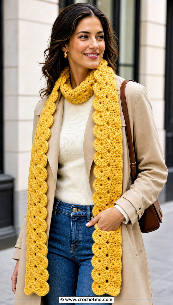 Long Shell Stitch Crochet Scarf With Trench Coat - 20 Shell Crochet Scarf outfit ideas